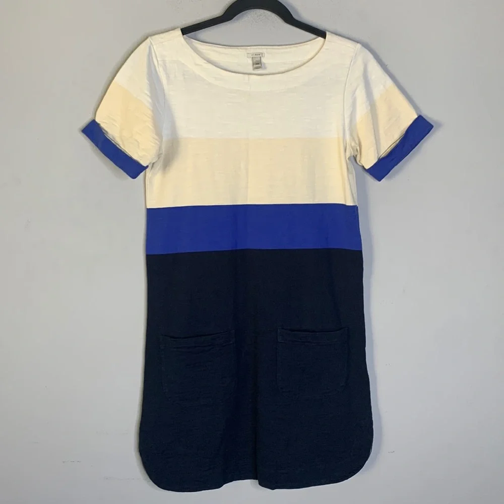 J crew white cream blue stripe T-shirt dress xxs